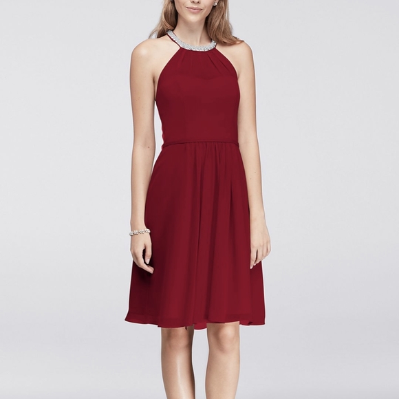 Short Chiffon Dress with Beaded Illusion Neckline - Picture 2 of 5